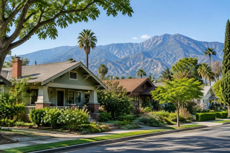 Illustrative Craftsman homes with the San Gabriel Mountains near Pasadena